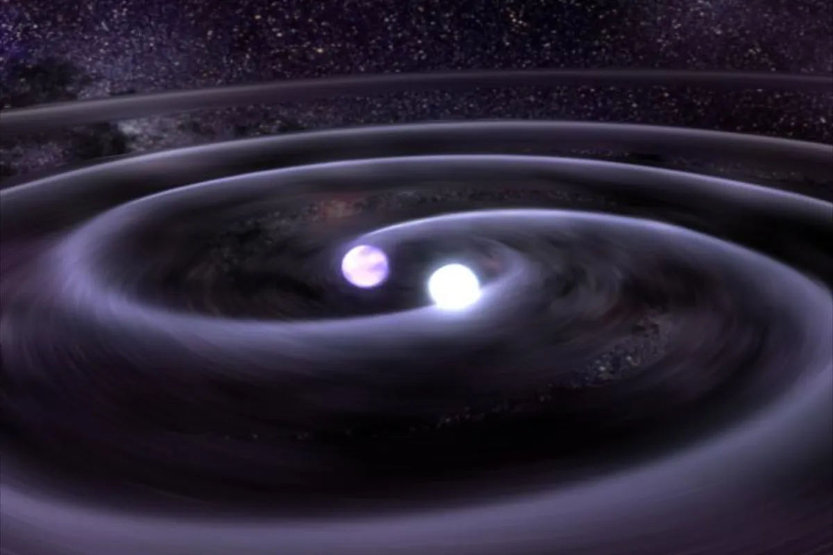 A dark, purple-toned space scene shows two bright white spheres spiraling around each other at the center, surrounded by several broad, glowing rings of swirling material. The rings curve across the image in layered elliptical bands, fading from violet and lavender highlights into deep black shadows. A speckled field of particles fills the background.