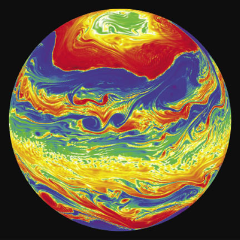 Even a simplified model of the Earth's atmosphere that has only two layers at different altitudes reproduces observed features of the general circulation such as jet streams, storm tracks, and trade winds. Colors in the image represent the wind vorticity averaged over the two levels. Image by Brad Marston.