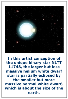 In this artist conception of the unique binary star NLTT 11748, the larger but less massive helium white dwarf star is partially eclipsed by the smaller but more massive normal white dwarf, which is about the size of the earth.