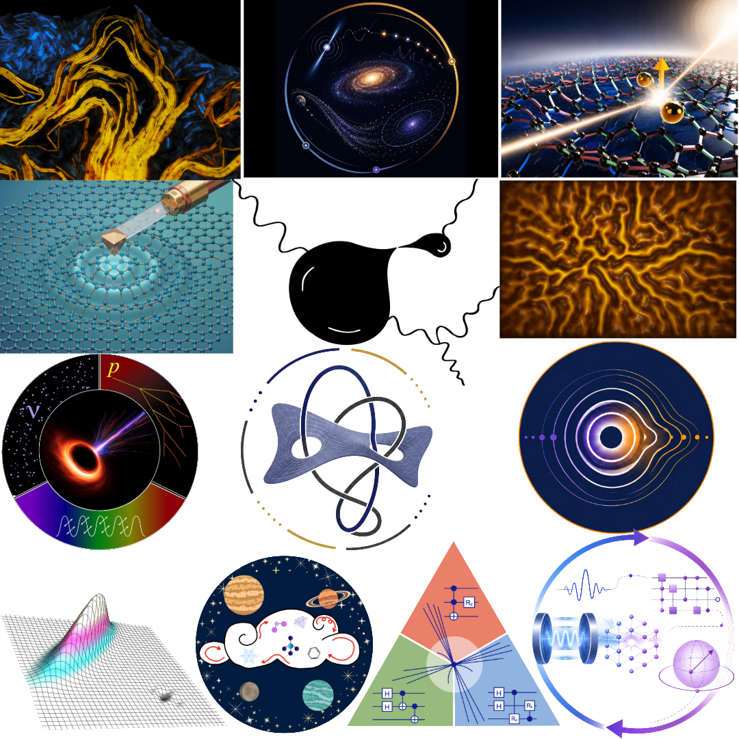 KITP program logos collage of abstract scientific illustrations featuring galaxies, molecular lattices, mathematical diagrams, a black hole, waveforms, and colorful geometric forms.