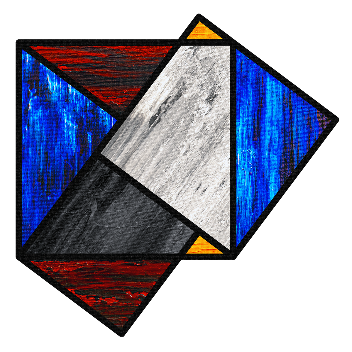 Abstract geometric arrangement of textured red, blue, black, white, and orange panels artwork.